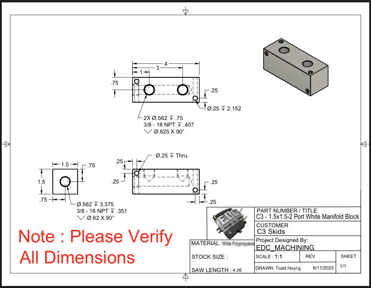 1.5x1.5x4 Soap Manifold Block