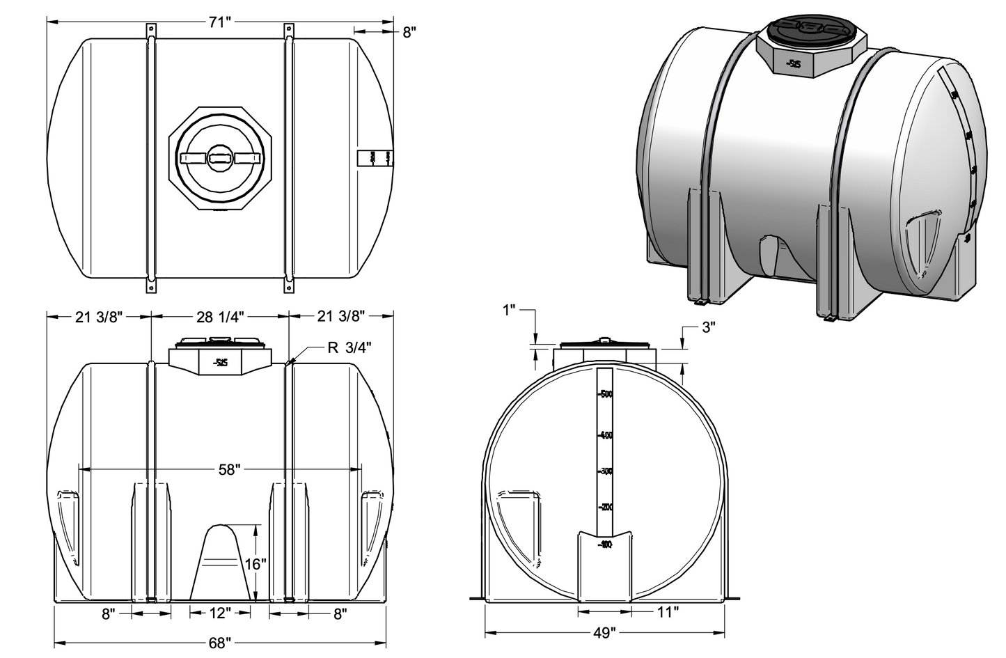 525 Gallon Horizontal Leg Tank